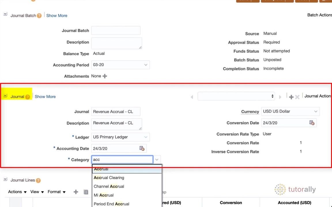Create Journal form with Journal, Description, Ledger, Accounting Date, and Category fields being filled for a Revenue Accrual entry, with the Category dropdown filtered by "acc."