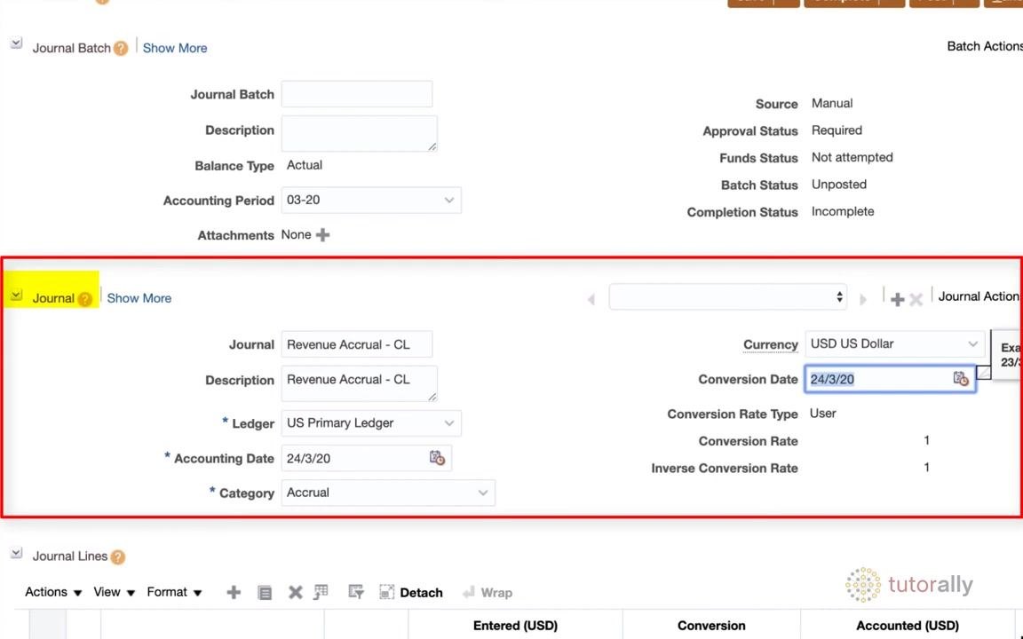 Create Journal form showing Currency, Conversion Date, Conversion Rate Type, Conversion Rate, and Inverse Conversion Rate auto-filled for USD.