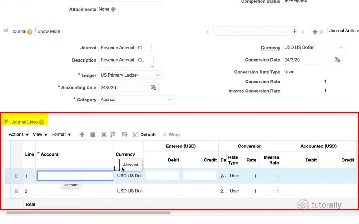 Journal Lines section with the Account selection icon highlighted.