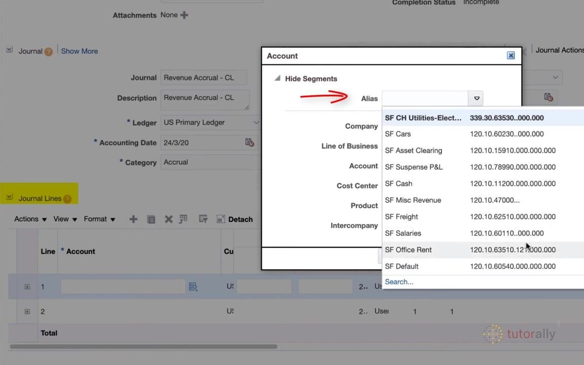 Account code selector dialog showing a list of frequently used aliases, account segment fields, and a Search option.