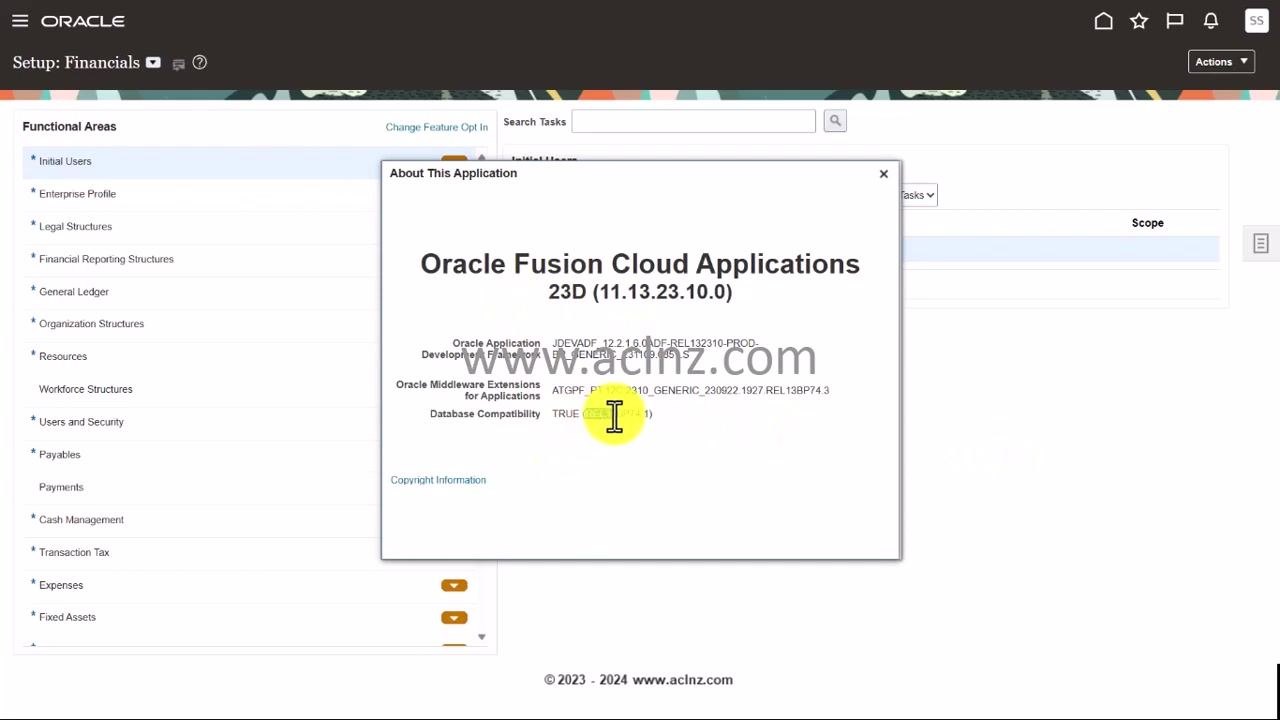 Oracle Fusion Cloud Applications About dialog showing version 23D (11.13.23.10.0)