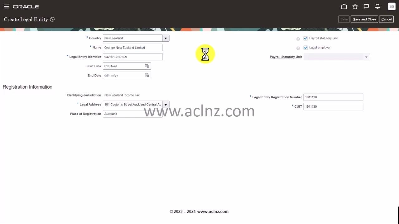 Create Legal Entity form with all fields filled in, both checkboxes selected, and a yellow hourglass icon in the center indicating background validation in progress
