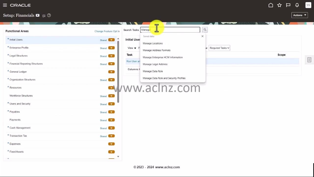 Search Tasks field with "Manage Legal Entity" being typed and a suggestions dropdown visible