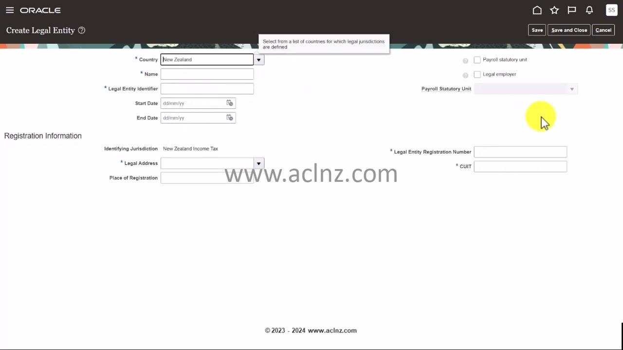 Create Legal Entity form with the Country dropdown being used to select New Zealand