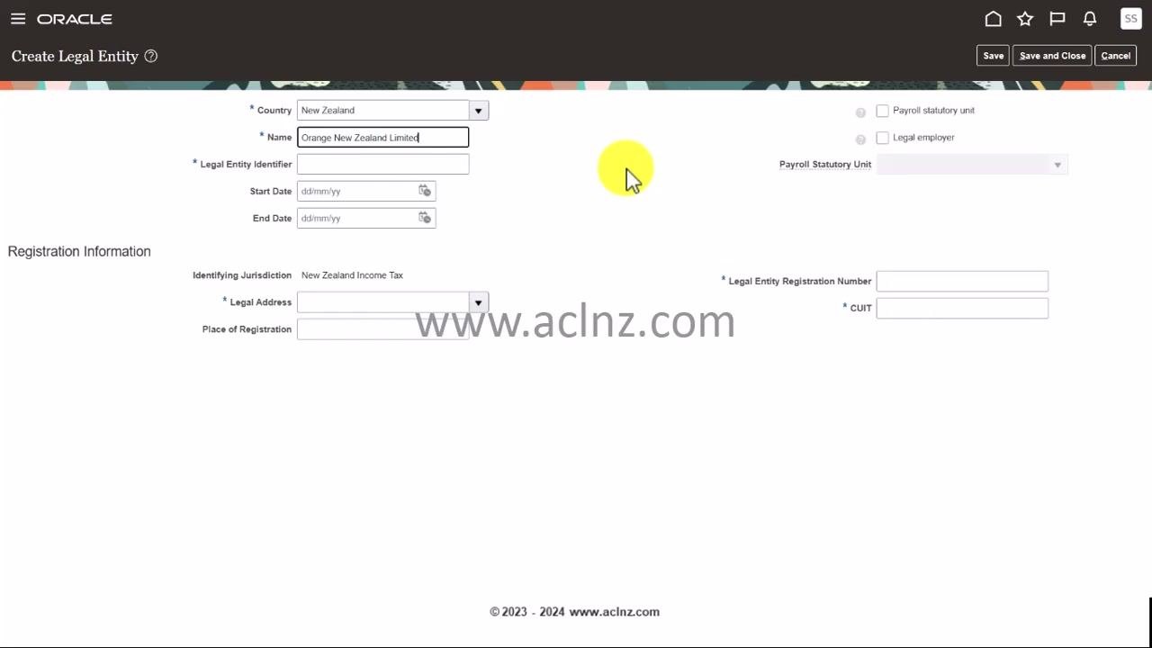 Create Legal Entity form with the Name field filled in as "Orange New Zealand Limited"