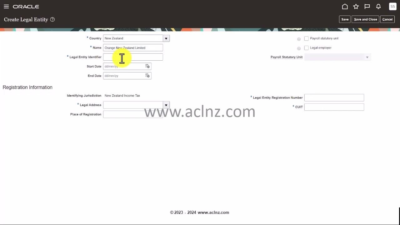Create Legal Entity form with the Legal Entity Identifier field being filled in