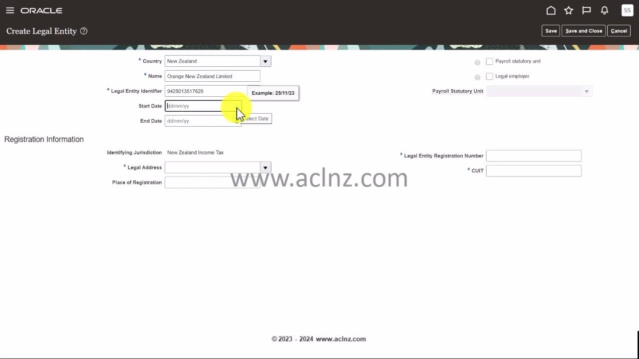 Create Legal Entity form with the Legal Entity Identifier and Start Date fields being filled in