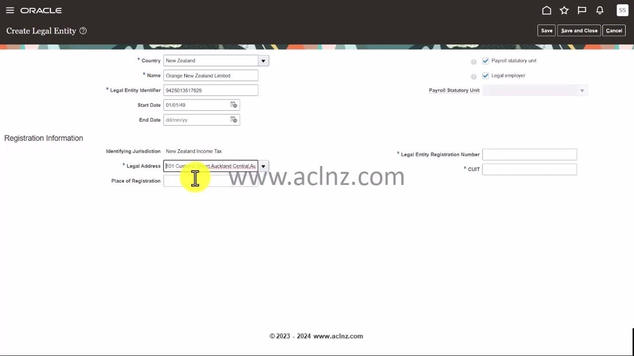Create Legal Entity form with both the Payroll statutory unit and Legal employer checkboxes selected