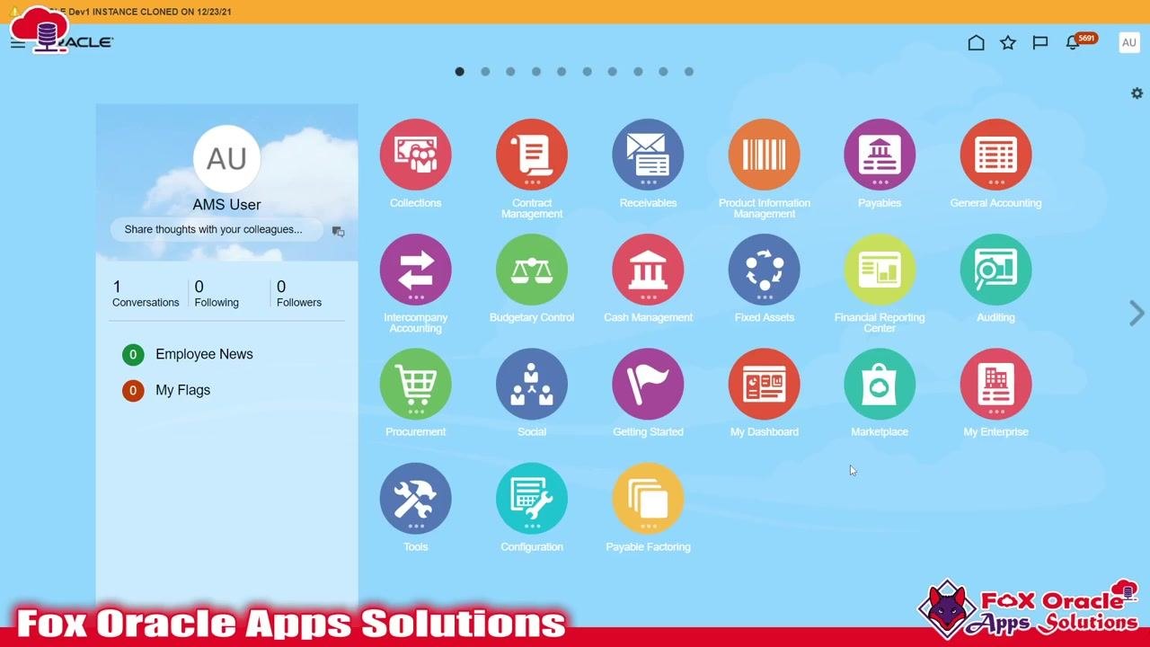 Oracle Fusion home screen with application icons and user dashboard