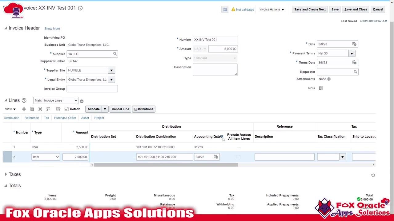 Invoice saved, status shows Not validated, both lines entered, total is 5,000.00 USD