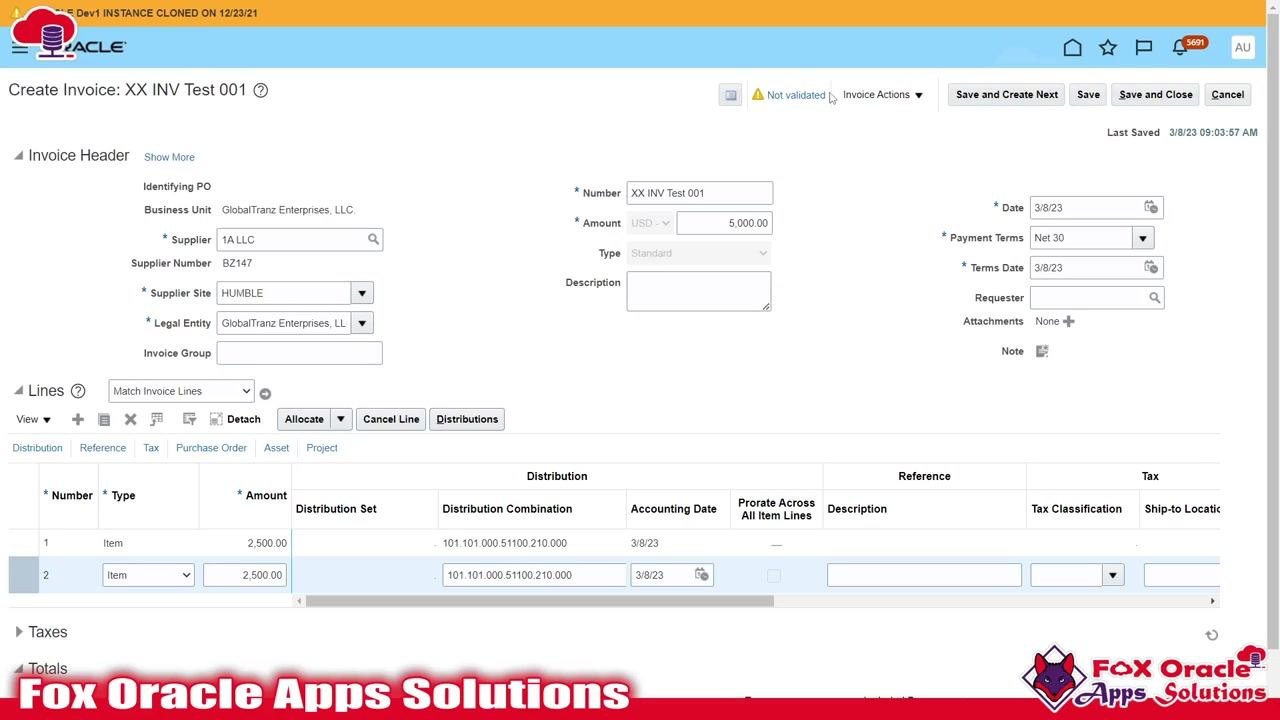 Manage Invoices screen with the Invoice Number field filled as XX INV Test 001, ready to search