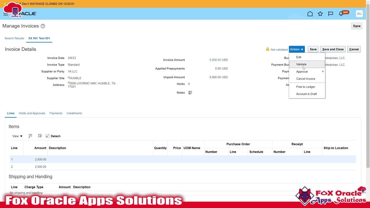 Search results showing invoice XX INV Test 001 with status Not validated
