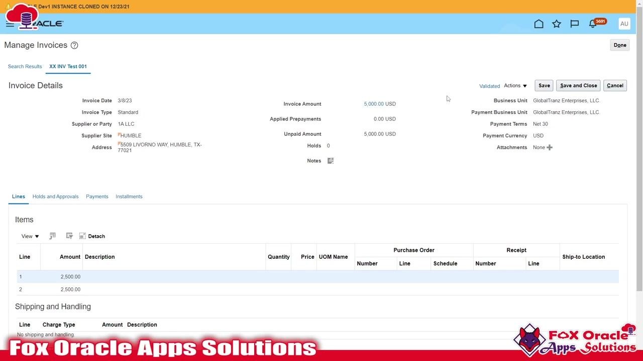 Invoice Details screen showing invoice XX INV Test 001, status Validated, total 5,000.00 USD, and all key fields filled