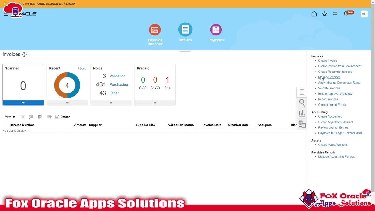 Invoices dashboard showing summary widgets and the invoice table
