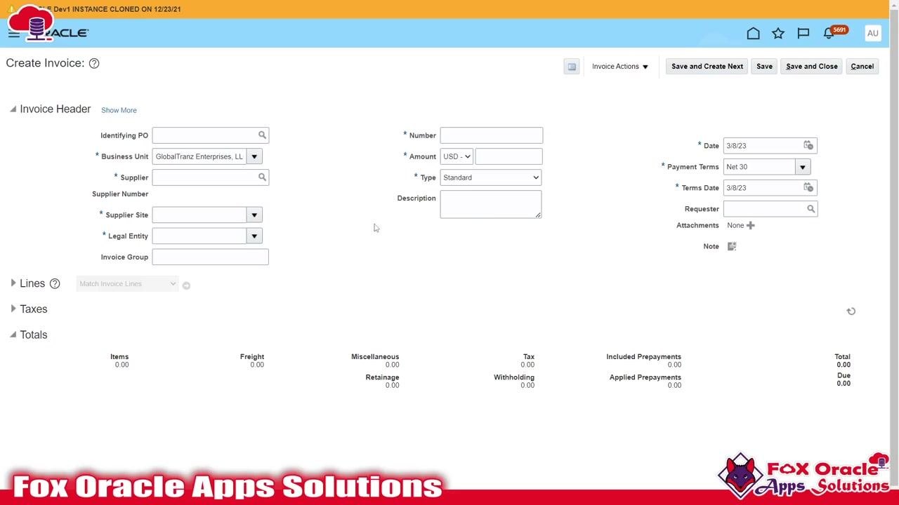 Create Invoice screen showing the Invoice Header, Lines, Taxes, and Totals sections