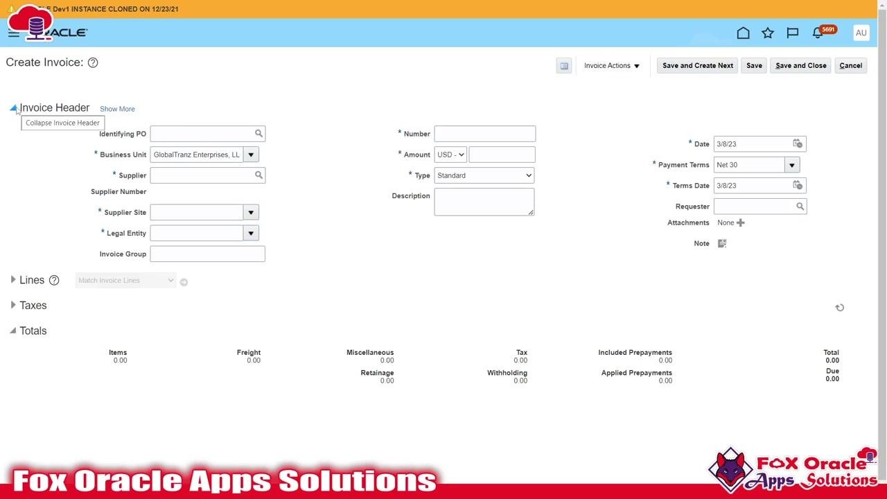 Create Invoice screen with focus on the Invoice Header, Lines, Taxes, and Totals sections
