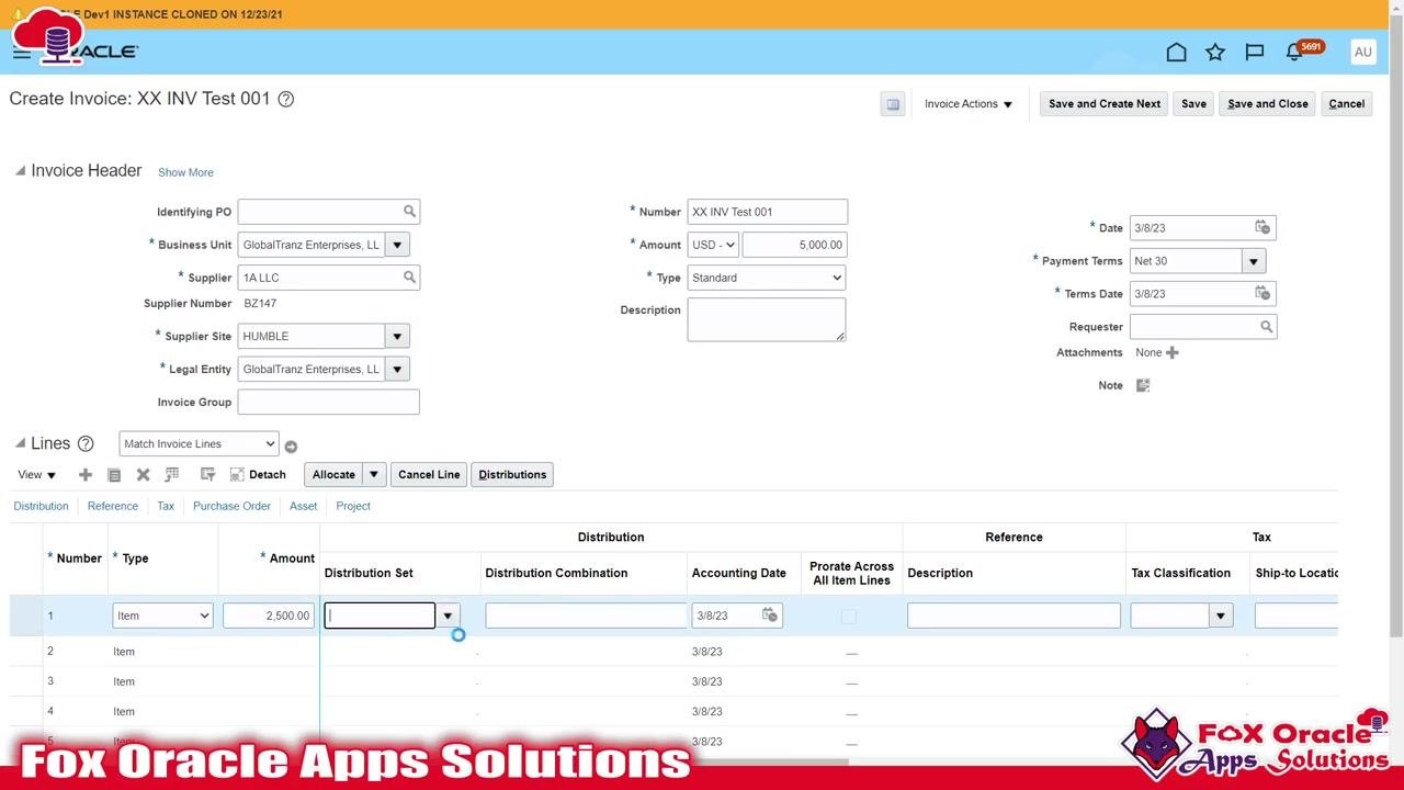 First invoice line entered with Amount: 2,500.00, Distribution Set/Combination, and Accounting Date: 3/8/23