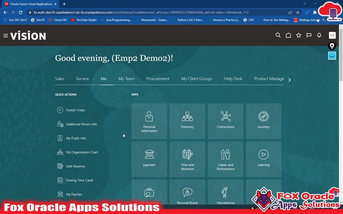 Oracle Fusion dashboard with navigation bar, showing tabs: Sales, Service, Me, My Team, Procurement, My Client Groups, Help Desk, and Product Manage. Quick Actions and Apps tiles are visible.
