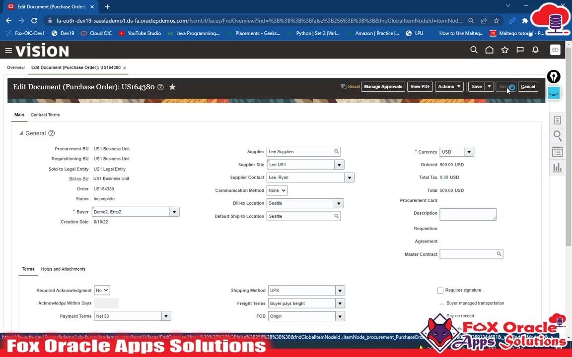 Dashboard with confirmation pop-up reading "The document (Purchase Order) US164380 was submitted for approval," with the OK button visible.
