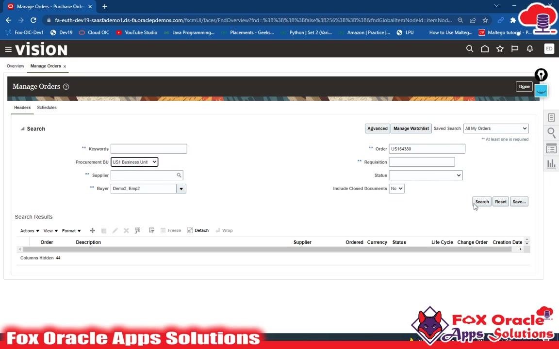 Manage Orders screen with the Order field filled with US164380, Procurement BU set to US1 Business Unit, Buyer set to Demo2, Emp2, and the cursor on the Search button.