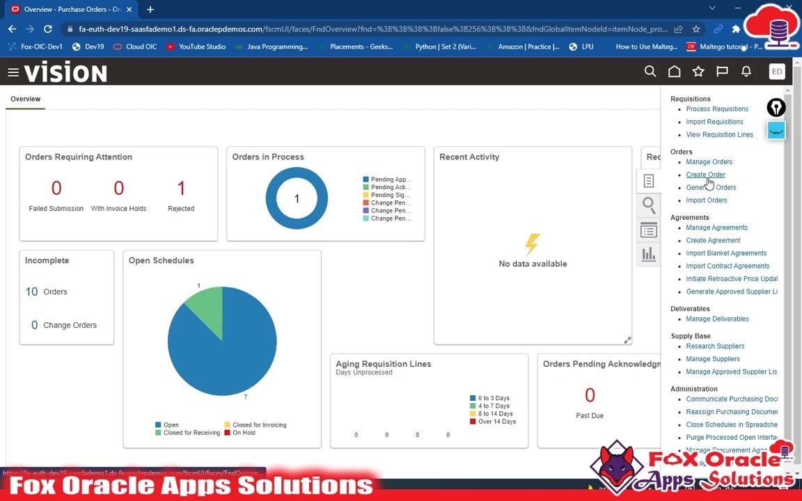 Procurement tab selected, showing apps including Purchase Requisitions, Purchase Agreements, Purchase Orders, My Receipts, Negotiations, Catalogs, and Suppliers. The cursor rests on Purchase Orders.