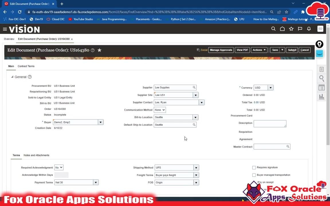 Create Order dialog box with fields for Style (Purchase Order), Procurement BU (US1 Business Unit), Requisitioning BU (US1 Business Unit), Supplier (Lee Supplies), Supplier Site (Lee US1), Supplier Contact (Lee, Ryan), Default Ship-to Location (Seattle), Sold-to Legal Entity (US1 Legal Entity), Currency (USD), Buyer (Demo2, Emp2), and Create/Cancel buttons.
