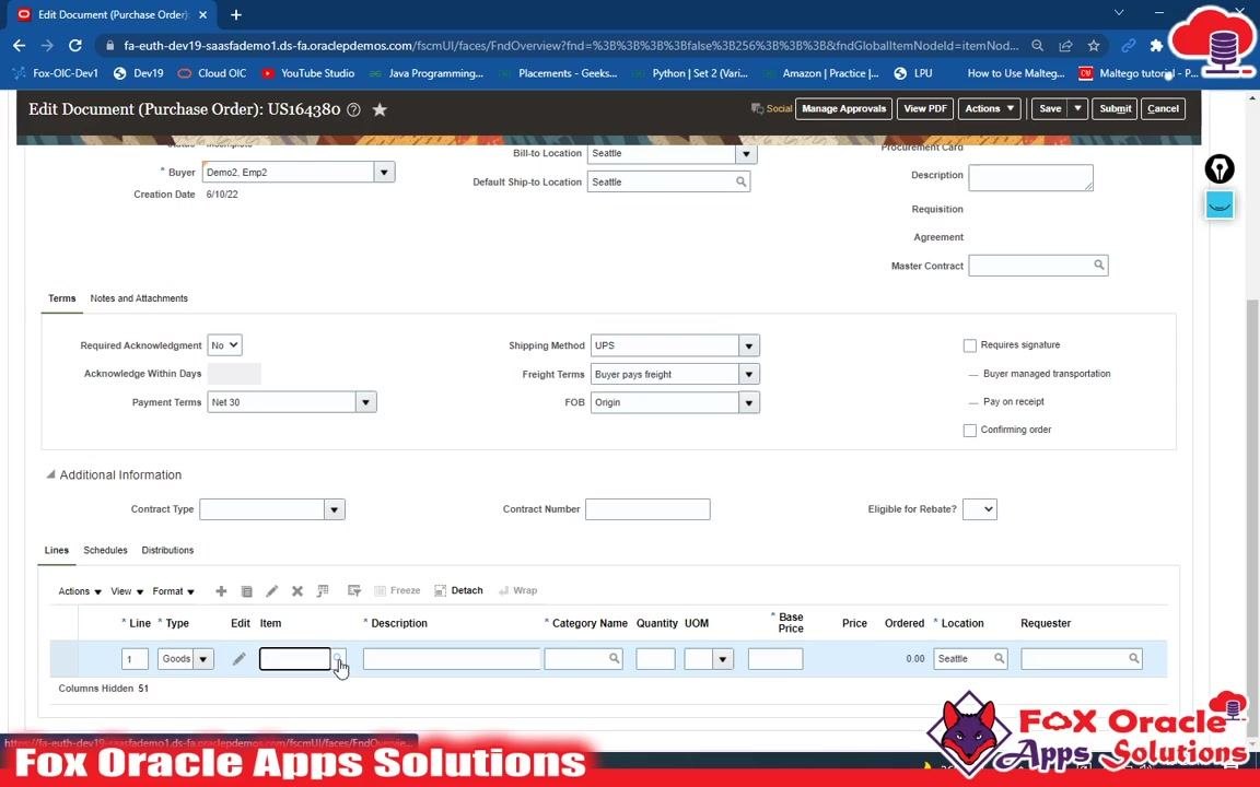 Edit Document (Purchase Order) page with the Lines section visible and the cursor on the Item search icon, ready to select an item.