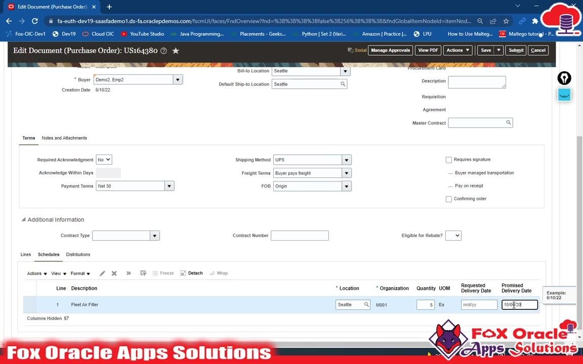 Edit Document (Purchase Order) page showing the Schedules and Distributions tabs, with all purchase order details filled in.