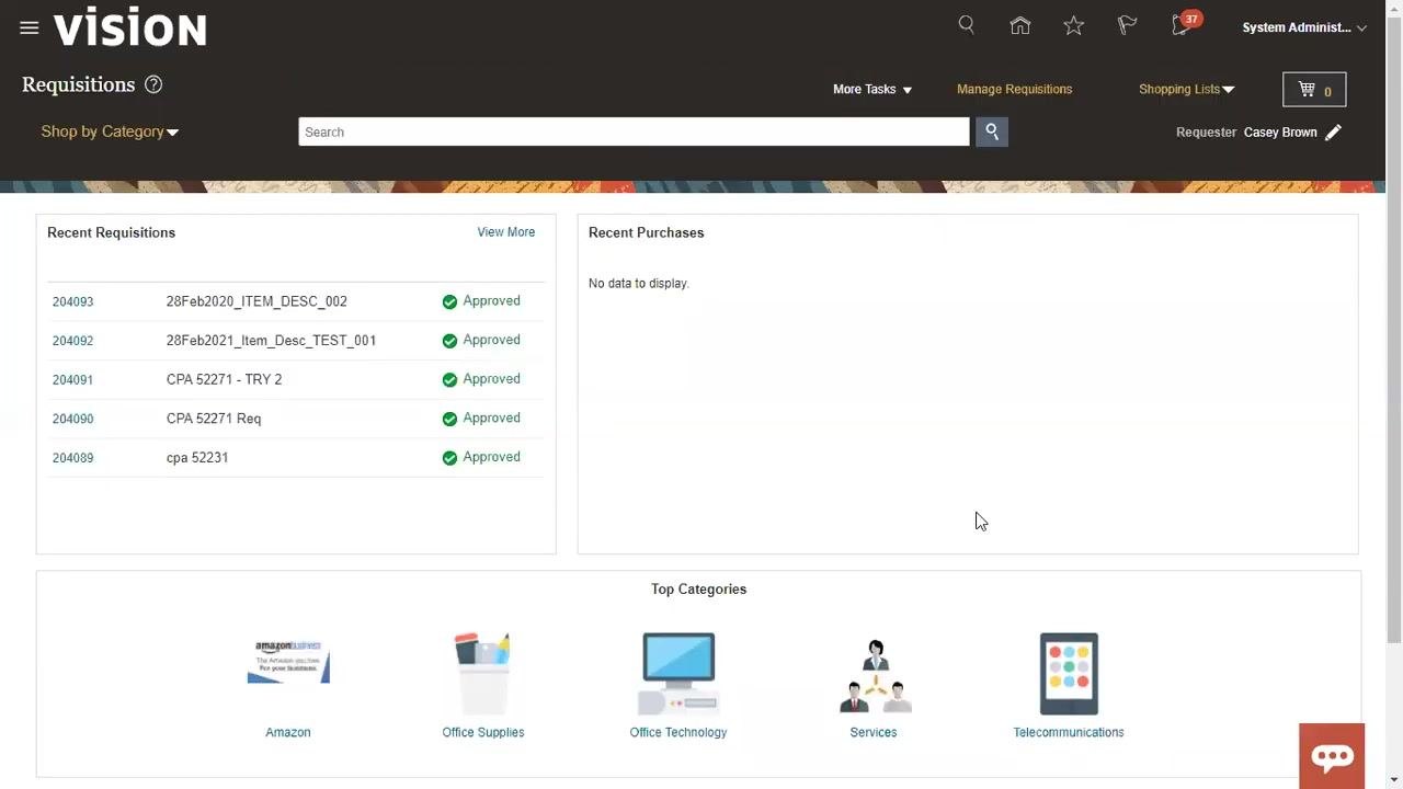 Oracle Fusion home screen with the Procurement tab selected and procurement options visible