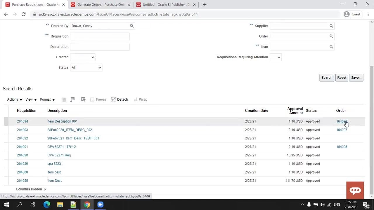 Manage Requisitions page showing multiple requisitions, their approval status, and linked order numbers, with the cursor pointing to order number 164098 for requisition 204094