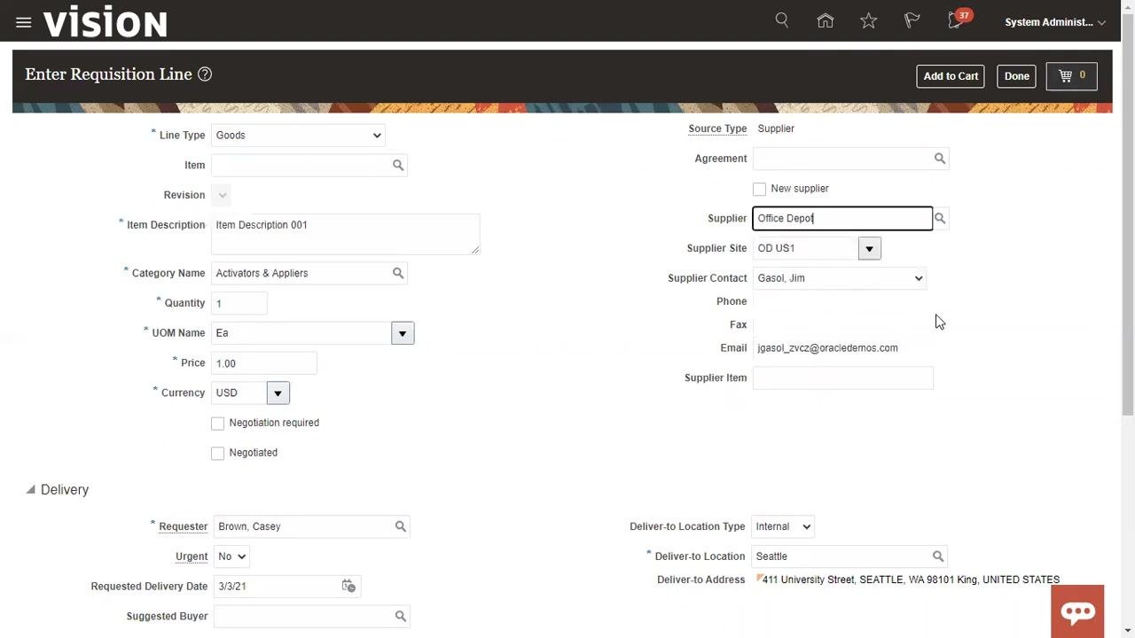 Enter Requisition Line page with Category Name "Activators & Appliers", Quantity "1", UOM "Ea", and Price "1.00" filled in