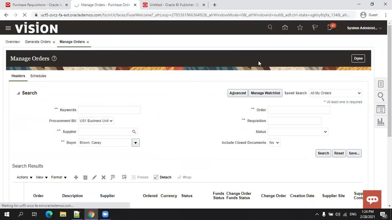 Confirmation popup showing "Requisition 204094 was submitted" with options to view PDF or close