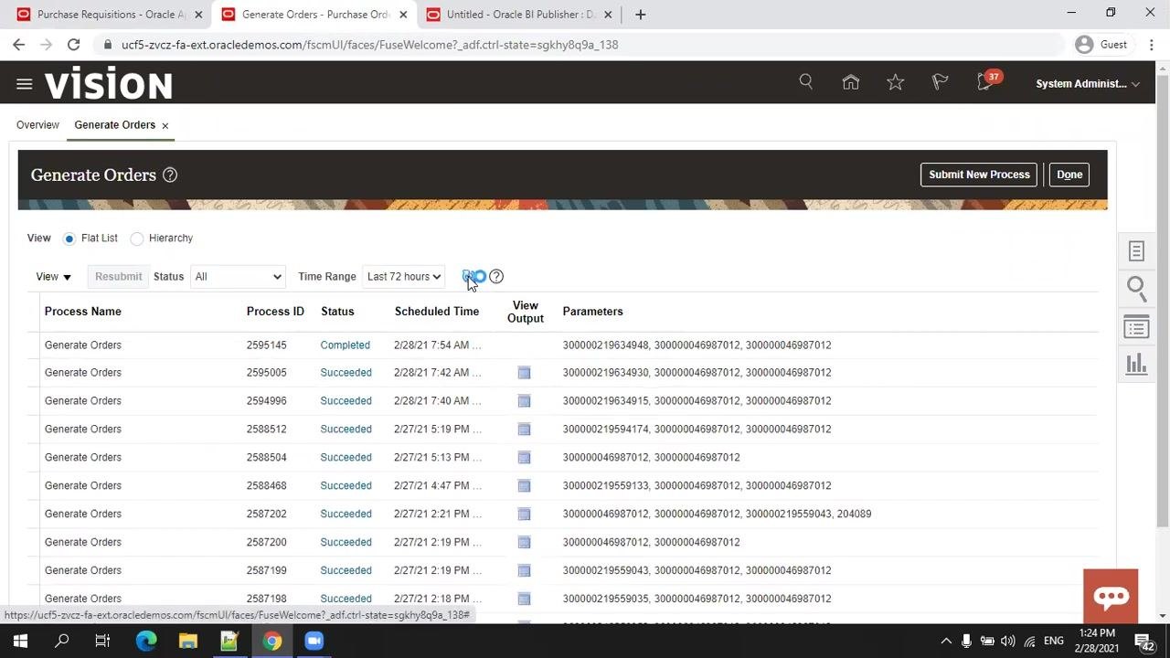 Manage Orders page with search fields for Procurement BU, Supplier, Buyer, and the order list below