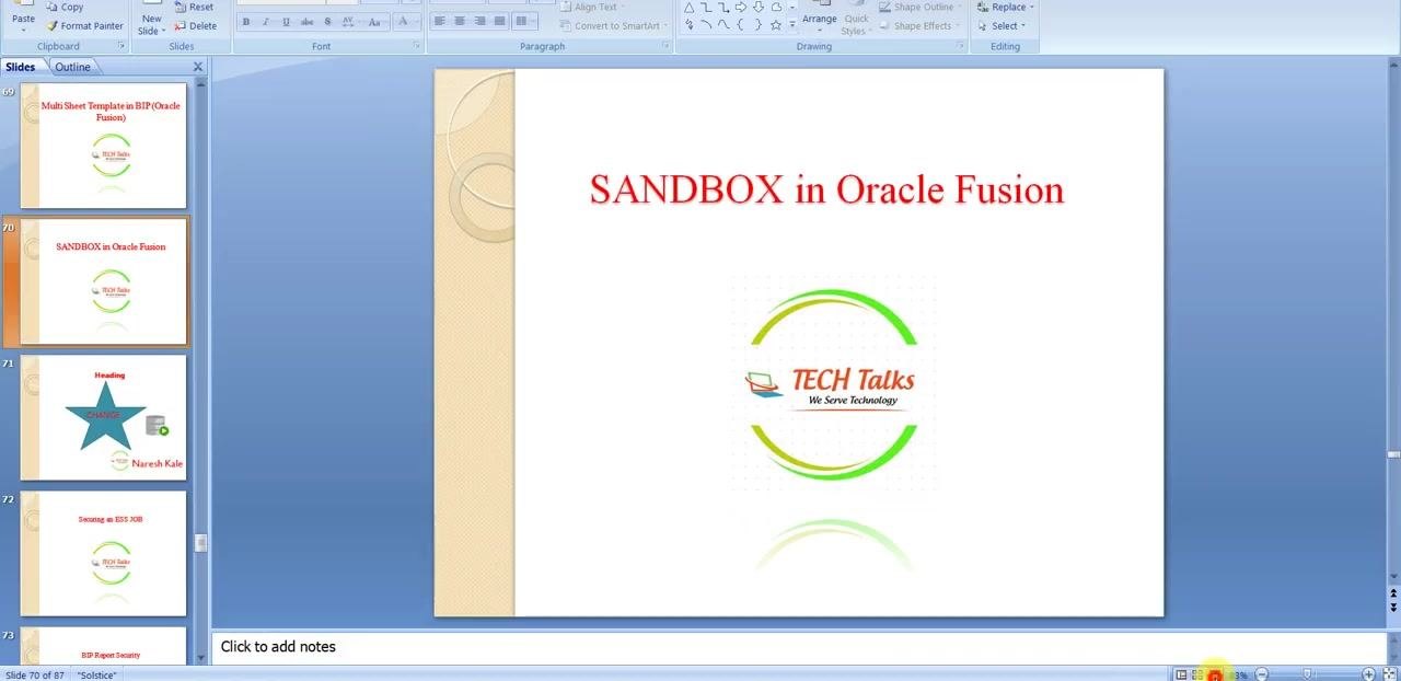 PowerPoint slide titled "Sandbox in Oracle Fusion"
