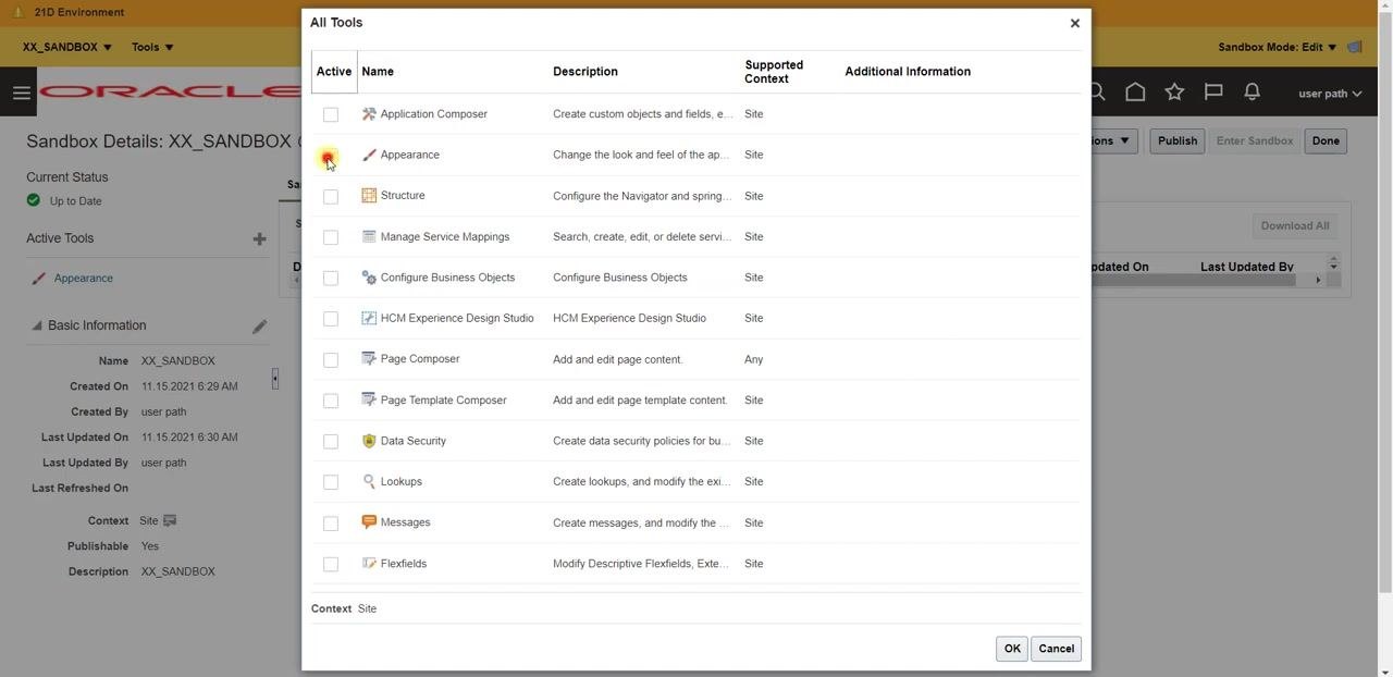 Sandbox Details window with the Tools dropdown and All Tools dialog open