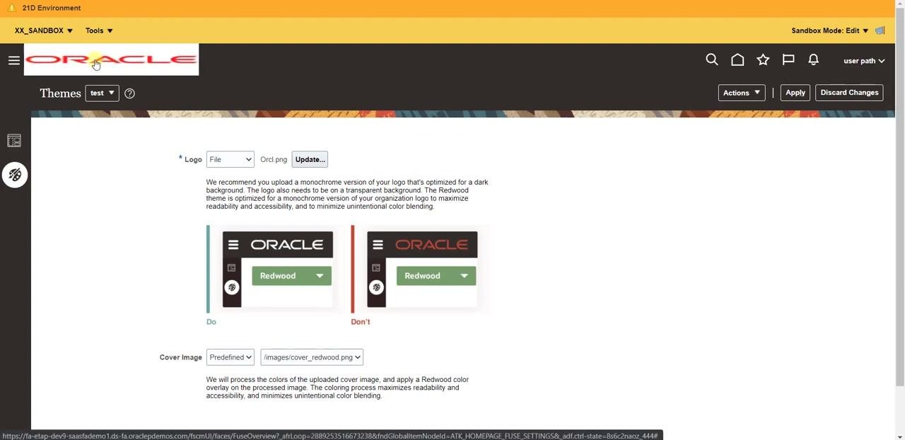 Themes section showing logo and cover image options