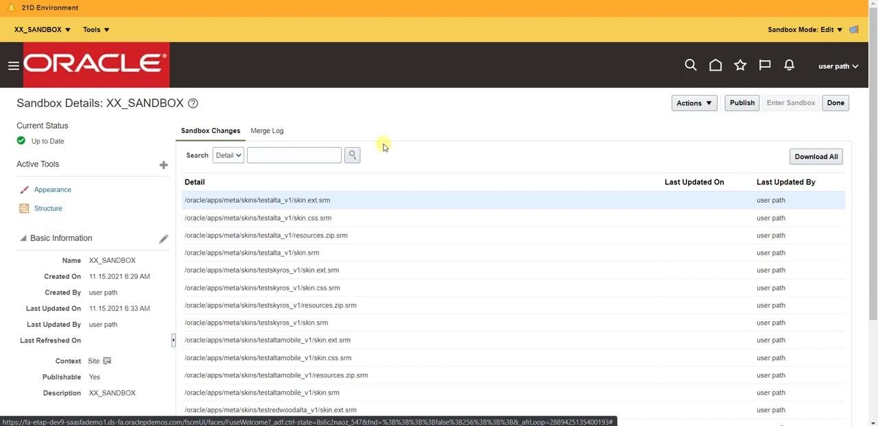 Sandbox Management page listing sandboxes, context, publishable status, and tools