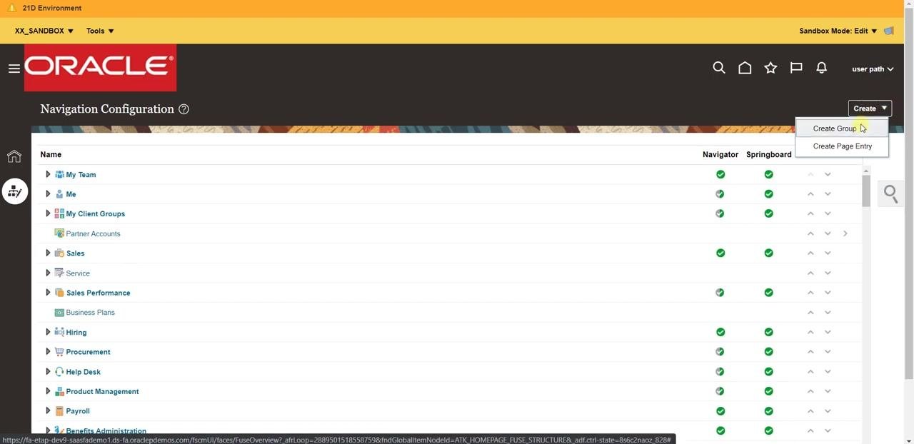 Create Group dialog with Name set to XX_Report, icon selected, and Show on Navigator set to Yes