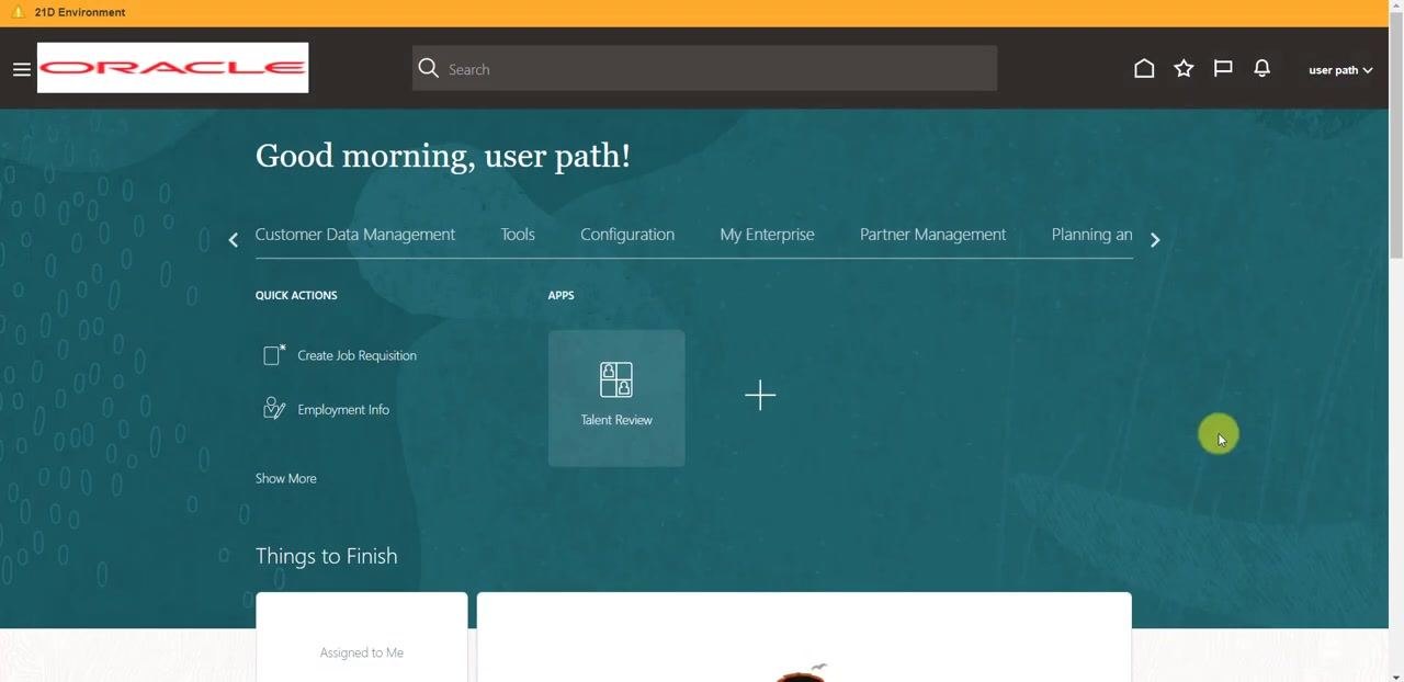 Oracle Fusion home page with navigation bar, welcome message, and quick actions
