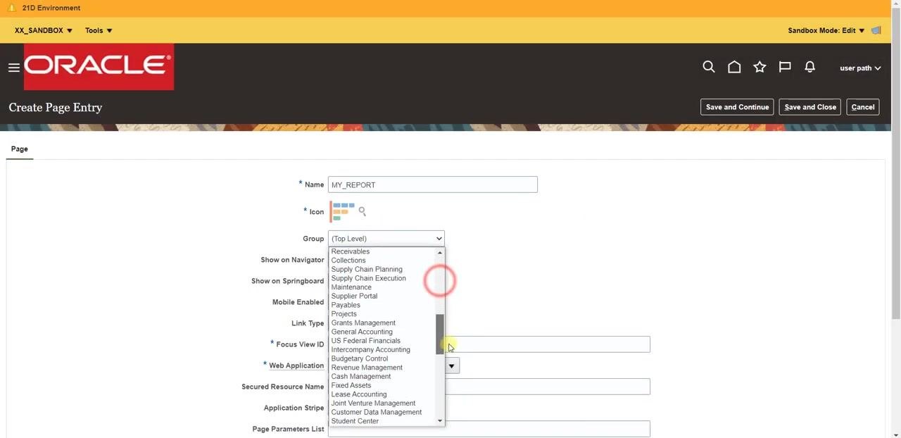 Navigation Configuration page with Create dropdown open and Create Page Entry option highlighted