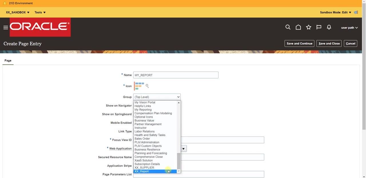 Create Page Entry form with Group set to XX_Report and Link Type dropdown showing Static URL highlighted