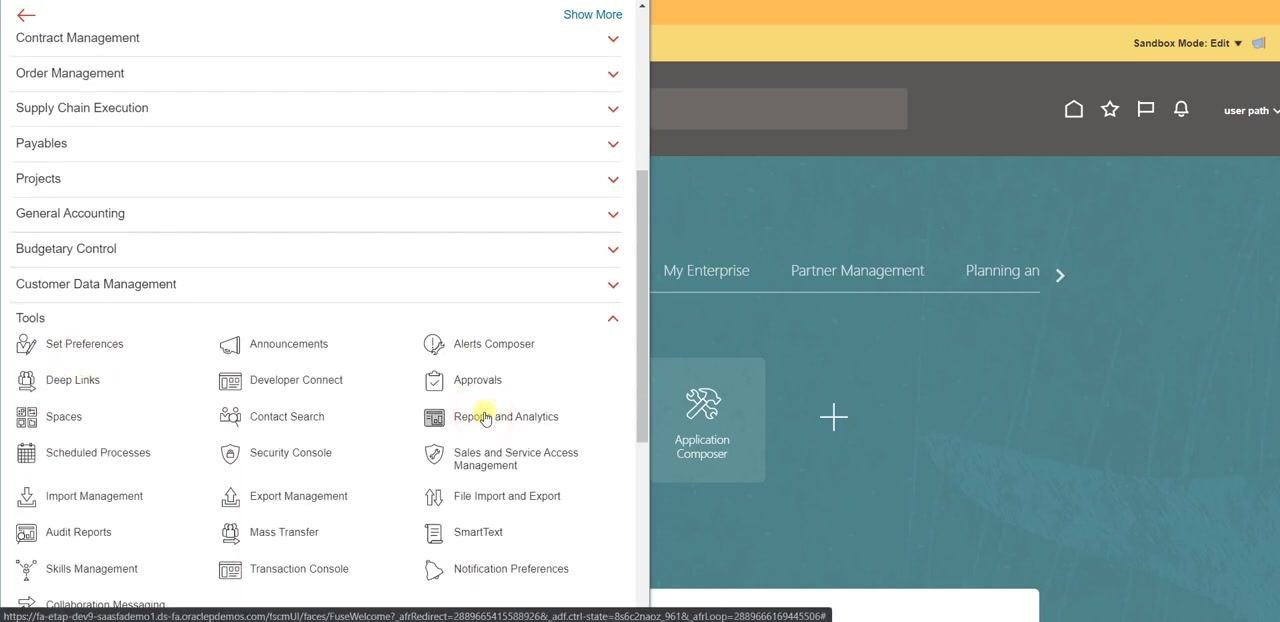 Navigation menu open with Tools section expanded and cursor hovering over Reports and Analytics