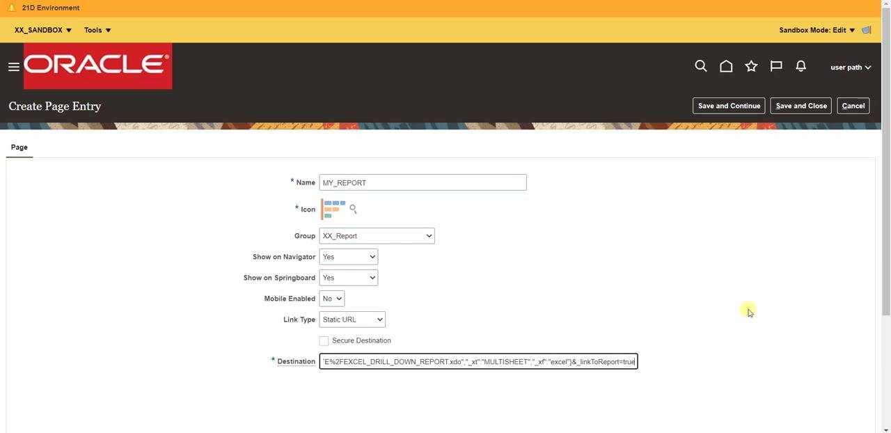 Create Page Entry form with all fields filled, including the Destination field containing the report URL
