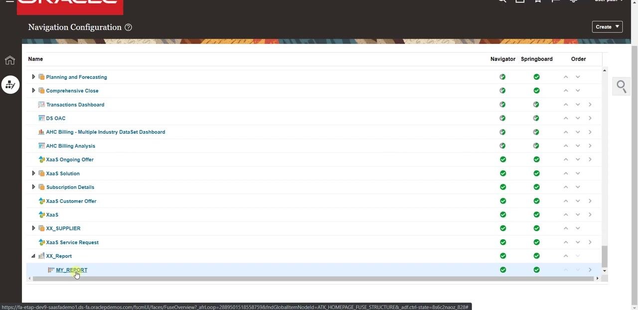 Navigation Configuration page with XX_Report expanded and MY_REPORT listed underneath