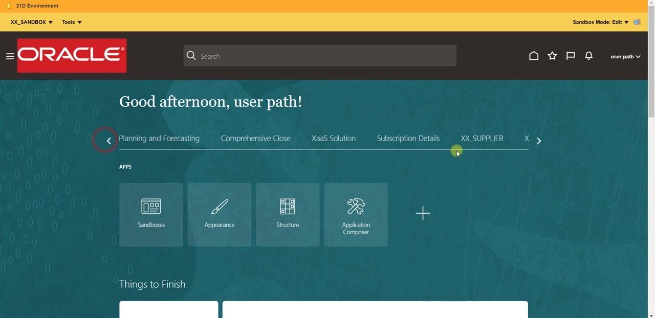 Oracle Cloud homepage with the cursor moving toward the menu where Publish is typically found