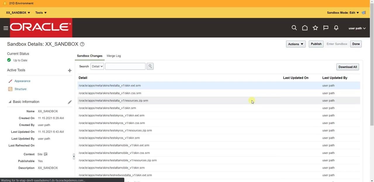 Oracle Cloud home page with the XX_SANDBOX dropdown open, showing Sandbox Detail, Publish, and Leave Sandbox options