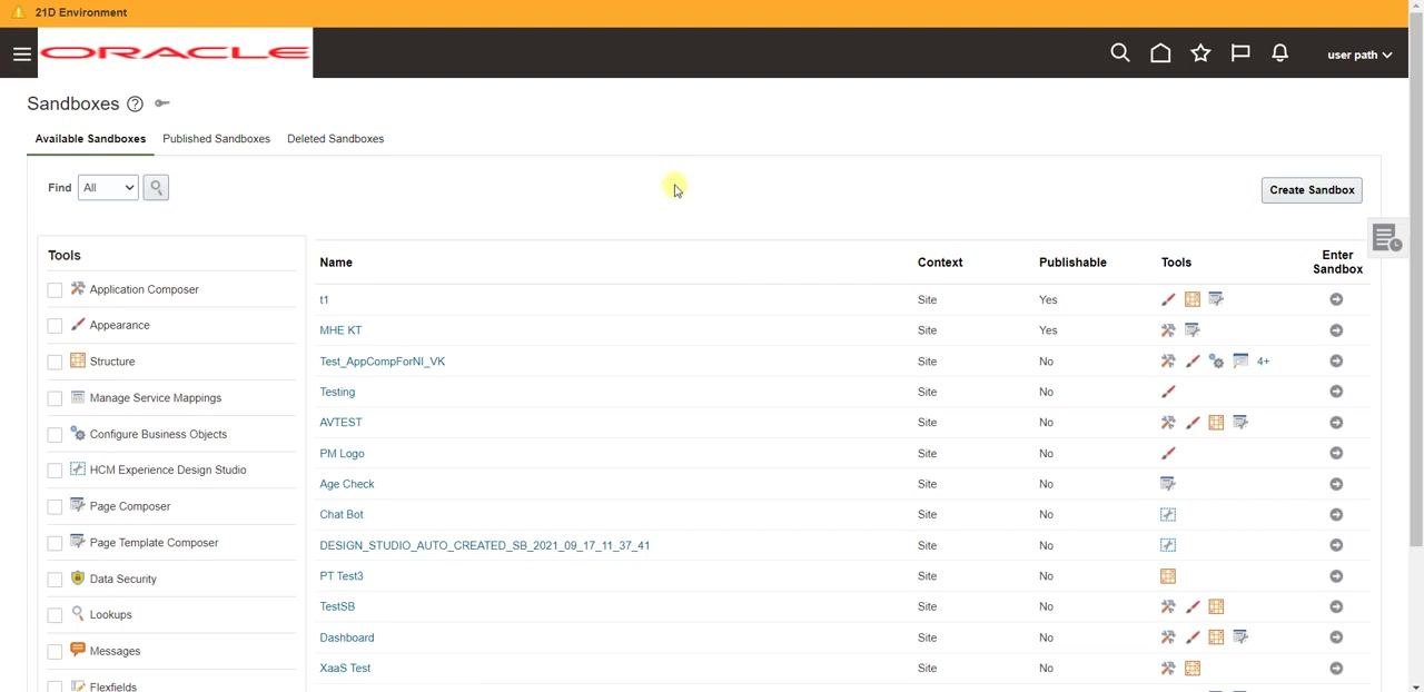 Navigator menu expanded, showing the Configuration section with Sandboxes, Migration, Appearance, Structure, Business Objects, and Application Composer