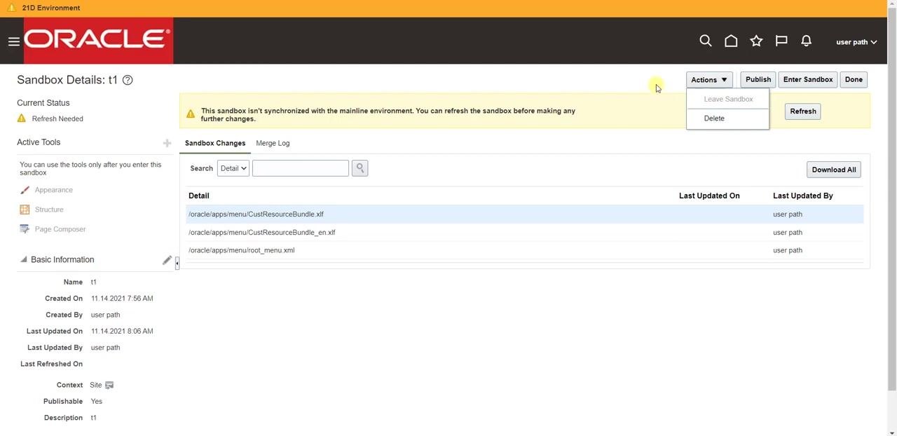 Sandbox Details: t1 window with the Actions dropdown open but no deletion performed