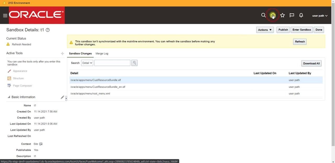 Sandbox Details: t1 page showing status warning, changed files, and basic information