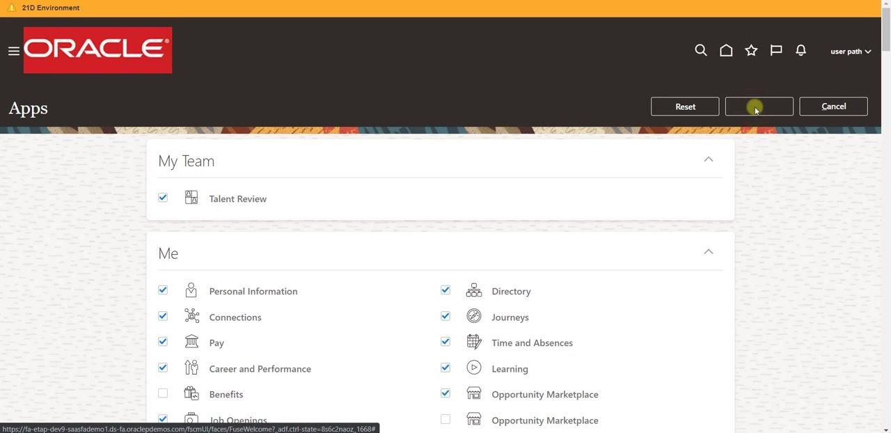 Configuration section with checkboxes for Sandboxes, Appearance, Business Objects, Migration, Structure, and Application Composer